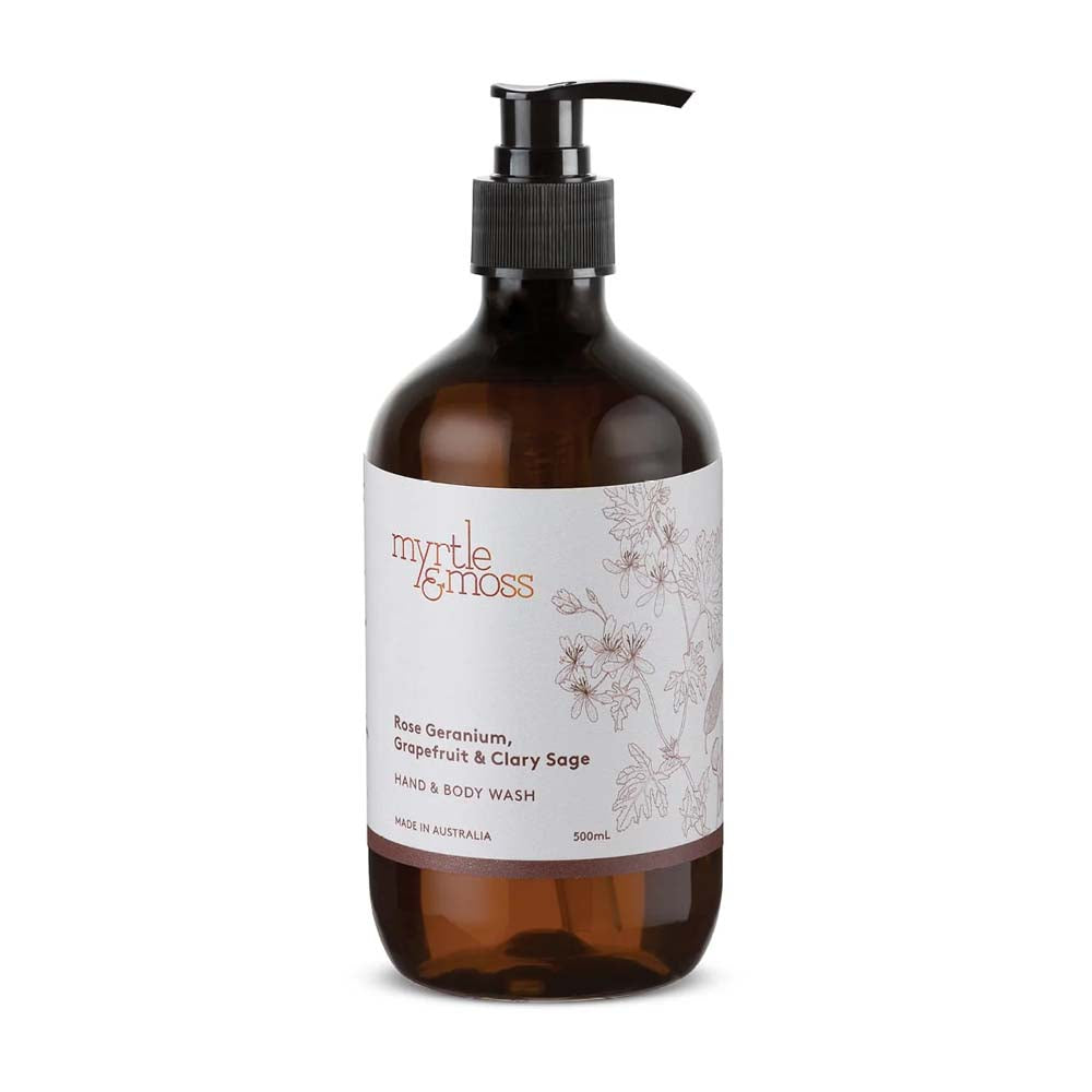 MYRTLE & MOSS: Hand & Body Wash | Rose Geranium, Grapefruit & Clary Sage