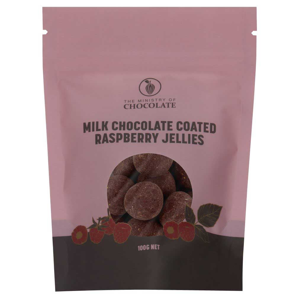 MINISTRY OF CHOCOLATE: Pouch | Milk Coated Raspberry Jellies