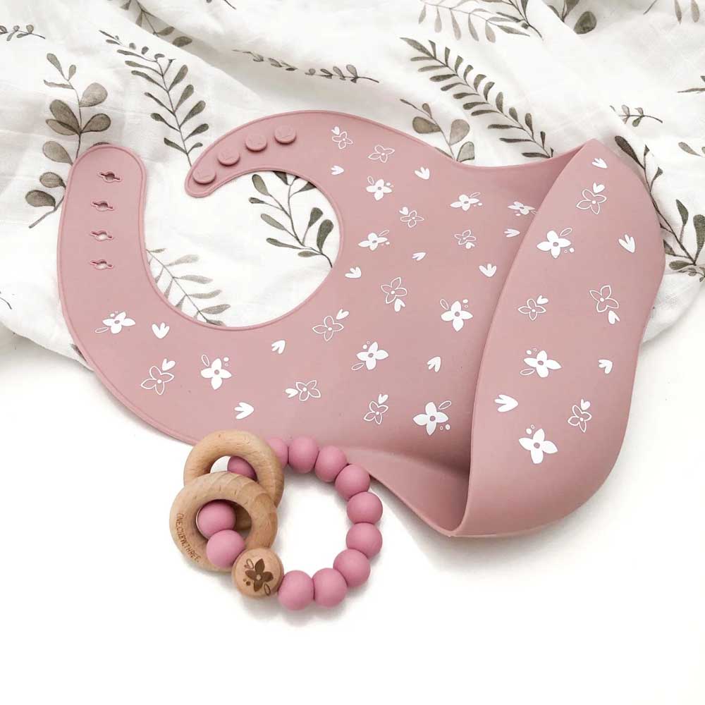 ONE CHEW THREE: Silicone Catch Bib | Floral Rose