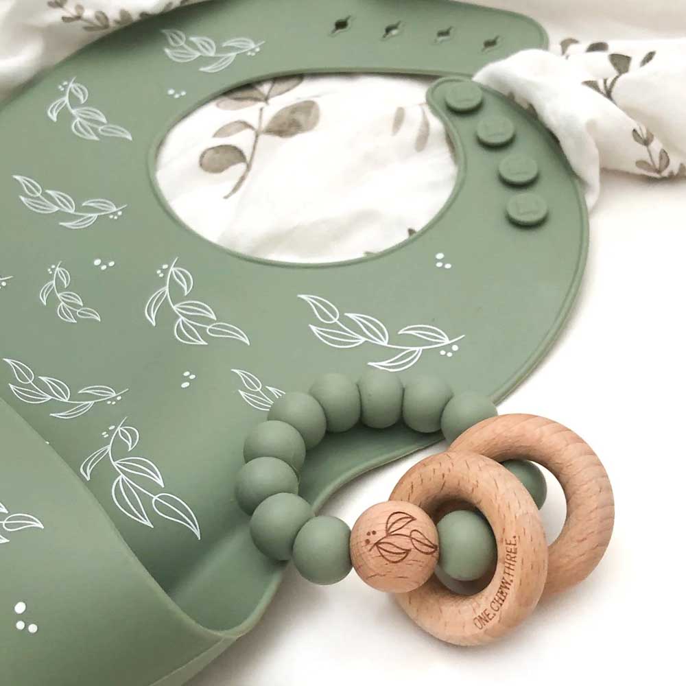 ONE CHEW THREE: Silicone Catch Bib | Sage Foliage