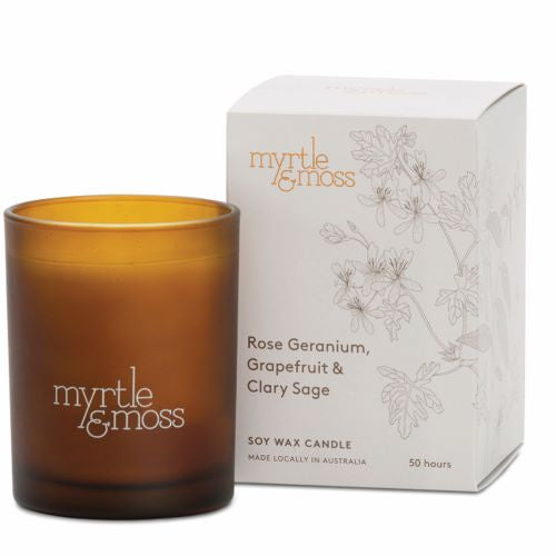 MYRTLE & MOSS: Soy Wax Candle | Rose Geranium, Grapefruit & Clary Sage