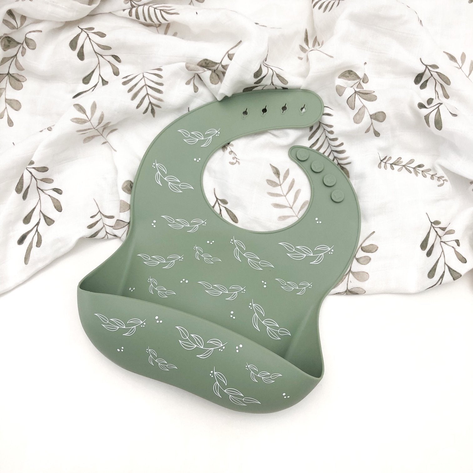 ONE CHEW THREE: Silicone Catch Bib | Sage Foliage